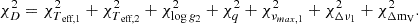 $$ \begin{aligned} \chi _{D}^{2} = \chi _{T_{\text{ eff,1}}}^{2} + \chi _{T_{\text{ eff,2}}}^{2}+ \chi _{\log g_2}^{2} + \chi _{q}^{2} + \chi _{\nu _{max,1}}^{2} + \chi _{\Delta \nu _1}^{2} + \chi _{\Delta \mathrm{m_V} }^{2}. \end{aligned} $$
