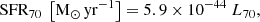 $$ \begin{aligned} \mathrm{SFR_{70} ~ \left[ \mathrm{M_{\odot } \,yr}^{-1} \right]} = 5.9 \times 10^{-44} ~ L_{70}, \end{aligned} $$