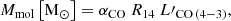 $$ \begin{aligned} M_{\rm mol} \,\mathrm{\left[M_{\odot }\right]} = \alpha _{\rm CO} ~ R_{14} ~ L\prime _{\rm CO\,(4{-}3)}, \end{aligned} $$