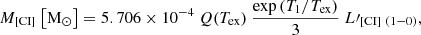 $$ \begin{aligned} M_{\rm [CI]} ~ \mathrm{\left[M_{\odot }\right]} = 5.706 \times 10^{-4} ~ Q(T_{\rm ex}) ~ \frac{\exp {(T_{1} / T_{\rm ex})}}{3} ~ L\prime _{\rm [CI]~(1{-}0)}, \end{aligned} $$