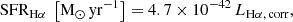 $$ \begin{aligned} \mathrm{SFR_{\rm H{\alpha }} ~ \left[ M_{\odot } \,yr^{-1} \right]} = 4.7 \times 10^{-42} \,L_{\rm H{\alpha }, \,corr}, \end{aligned} $$