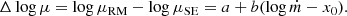 $$ \begin{aligned} \Delta \log \mu = \log \mu _{\rm RM} - \log \mu _{\rm SE} = a + b (\log \dot{m} - x_0). \end{aligned} $$