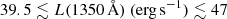 $$ \begin{aligned} 39.5 \lesssim L(1350\,{\AA })\ (\mathrm{erg\,s}^{-1}) \lesssim 47 \end{aligned} $$