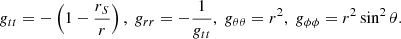 $$ \begin{aligned} g_{tt} = -\left(1-\dfrac{r_{S}}{r}\right),\ g_{rr} = -\dfrac{1}{g_{tt}},\ g_{\theta \theta } = r^{2},\ g_{\phi \phi } = r^{2}\sin ^{2}{\theta }. \end{aligned} $$