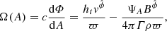 $$ \begin{aligned} \Omega (A)&= c\frac{\mathrm{d}\varPhi }{\mathrm{d}A}= \dfrac{h_{t}v^{\hat{\phi }}}{\varpi } - \dfrac{\Psi _{A}B^{\hat{\phi }}}{4\pi \varGamma \rho \varpi }, \end{aligned} $$