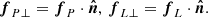 $$ \begin{aligned} \boldsymbol{f}_{P\perp } = \boldsymbol{f}_{P}\cdot \boldsymbol{\hat{n}},\, \boldsymbol{f}_{L\perp } = \boldsymbol{f}_{L}\cdot \boldsymbol{\hat{n}}. \end{aligned} $$