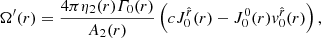 $$ \begin{aligned} \Omega ^{\prime }(r) = \dfrac{4\pi \eta _{2}(r)\varGamma _{0}(r)}{A_{2}(r)}\left(c J_{0}^{\hat{r}}(r) - J^{0}_{0}(r)v^{\hat{r}}_{0}(r)\right), \end{aligned} $$