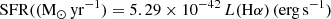 $$ \begin{aligned} \mathrm{SFR}((\mathrm{M_{\odot }\,yr^{-1}}) = 5.29\times 10^{-42}\,L(\mathrm{H}\alpha )\,(\mathrm{erg\,s^{-1}}) \end{aligned} $$