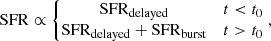 $$ \begin{aligned} \mathrm{SFR}\propto \left\{ \begin{matrix} \mathrm{SFR}_{\mathrm{delayed}}&t < t_{0} \\ \mathrm{SFR}_{\mathrm{delayed}} + \mathrm{SFR}_{\mathrm{burst}}&t> t_{0} \\ \end{matrix}\right. ,\end{aligned} $$