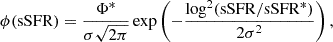 $$ \begin{aligned} \phi (\mathrm{sSFR}) = \frac{\Phi ^*}{\sigma \sqrt{2\pi }}\exp {\left(-\frac{\log ^2(\mathrm{sSFR/sSFR}^*)}{2\sigma ^2}\right),} \end{aligned} $$