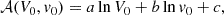 $$ \begin{aligned} \mathcal{A} (V_0,v_0) = a\ln V_0 + b\ln v_0+c, \end{aligned} $$