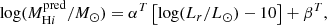 $$ \begin{aligned} \log (M_{\mathrm{H}i }^\mathrm{pred}/M_{\odot }) = \alpha ^T\left[\log (L_r/{L_\odot }) - 10\right] + \beta ^T, \end{aligned} $$
