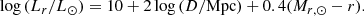 $$ \begin{aligned} \log {(L_{r}/L_\odot )} = 10 + 2\log {(D/\mathrm{Mpc})} + 0.4(M_{r,\odot } - r). \end{aligned} $$