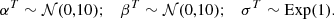 $$ \begin{aligned} \alpha ^T \sim \mathcal{N} (0,10); \quad \beta ^T \sim \mathcal{N} (0,10); \quad \sigma ^T \sim \mathrm{Exp}(1). \end{aligned} $$