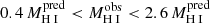 $ 0.4\,M_{{\mathrm{H}{\small { {\text{ I}}}}}}^{\mathrm{pred}} < M_{{\mathrm{H}{\small { {\text{ I}}}}}}^{\mathrm{obs}} < 2.6\,M_{{\mathrm{H}{\small { {\text{ I}}}}}}^{\mathrm{pred}} $