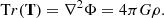 $$ \begin{aligned} \mathrm {Tr}(\mathbf T) = \nabla ^2 \Phi = 4\pi G \rho . \end{aligned} $$