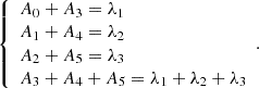 $$ \left\{ \begin{array}{l} A_{0} + A_{3} = \lambda _1 \\ A_{1} + A_{4} = \lambda _2 \\ A_{2} + A_{5} = \lambda _3 \\ A_{3} + A_{4} + A_{5} = \lambda _1 + \lambda _2 + \lambda _3 \end{array}. \right. $$