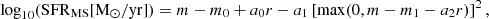 $$ \begin{aligned} \log _{10}(\mathrm{SFR}_{\mathrm{MS}}[\mathrm{M}_{\odot }/\mathrm{yr}]) = m - m_0 + a_0 r - a_1 \left[\max (0, m - m_1 - a_2 r)\right]^2 ,\end{aligned} $$