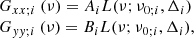 $$ \begin{aligned} \begin{array}{ll}&G_{xx;i}~(\nu ) = A_i L(\nu ;\nu _{0;i},\Delta _i) \\&G_{yy;i}~(\nu ) = B_i L(\nu ;\nu _{0;i},\Delta _i), \end{array} \end{aligned} $$