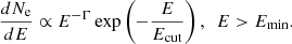 $$ \begin{aligned} \frac{dN_{\rm e}}{dE}\propto E^{-\Gamma }\exp \left(-\frac{E}{E_\mathrm{cut} }\right),\ \ E>E_\mathrm{min} . \end{aligned} $$