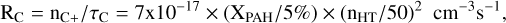 $\mathrm{R}_{\mathrm{C}}=\mathrm{n}_{\mathrm{C}+} / \tau_{\mathrm{C}}=7 \times 10^{-17} \times\left(\mathrm{X}_{\mathrm{PAH}} / 5 \%\right) \times\left(\mathrm{n}_{\mathrm{HT}} / 50\right)^{2} \mathrm{~cm}^{-3} \mathrm{~s}^{-1},$