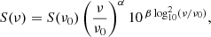 $$ \begin{aligned} S(\nu ) = S(\nu _0)\left(\frac{\nu }{\nu _0}\right)^{\alpha } 10^{\,\beta \log _{10}^2 (\nu /\nu _0)}, \end{aligned} $$