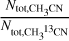 ${{{N_{{\rm{tot }},{\rm{C}}{{\rm{H}}_3}{\rm{CN}}}}} \over {{N_{{\rm{tot }},{\rm{C}}{{\rm{H}}_3}^{13}{\rm{CN}}}}}}$