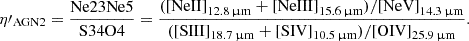 $$ \begin{aligned} \eta \prime _{\rm AGN2} = \frac{\mathrm{Ne23Ne5}}{\mathrm{S34O4}} = \frac{(\mathrm{[NeII]}_{12.8\,\upmu \mathrm{m}}+\mathrm{[NeIII]}_{15.6\,\upmu \mathrm{m}})/\mathrm{[NeV]}_{14.3\,\upmu \mathrm{m}}}{(\mathrm{[SIII]}_{18.7\,\upmu \mathrm{m}}+\mathrm{[SIV]}_{10.5\,\upmu \mathrm{m}})/\mathrm{[OIV]}_{25.9\,\upmu \mathrm{m}}}. \end{aligned} $$