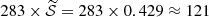 $ 283 \times \widetilde{\mathcal{S}} = 283 \times 0.429 \approx 121 $