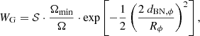 $$ \begin{aligned} W_{\rm G} = \mathcal{S} \cdot \frac{\Omega _{\rm min}}{\Omega } \cdot \mathrm{exp} \left[{-\frac{1}{2} \left( \frac{2 ~ d_{\mathrm{BN} ,\phi }}{R_\phi } \right)^2} \right] ,\end{aligned} $$