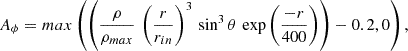 $$ \begin{aligned} A_{\phi } = max \left(\left(\dfrac{\rho }{\rho _{max}} \, \left(\dfrac{r}{r_{in}}\right)^3 \, \sin ^3\theta \,\exp {\left(\dfrac{-r}{400}\right)}\right) - 0.2, 0\right), \end{aligned} $$