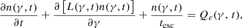 $$ \begin{aligned} \frac{\partial n({\gamma },t)}{\partial t}+\frac{\partial \left[{L(\gamma ,t)}n(\gamma ,t)\right]}{\partial {\gamma }}+\frac{n(\gamma ,t)}{t_{\rm esc}} = Q_e({\gamma },\,t), \end{aligned} $$