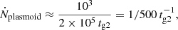 $$ \begin{aligned} \dot{N}_{\rm plasmoid} \approx \frac{10^3}{2\times 10^5\, t_{\rm g2}} = 1/500\, t_{\rm g2}^{-1}, \end{aligned} $$