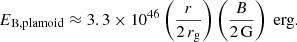 $$ \begin{aligned} E_{\rm B,plamoid} \approx 3.3 \times 10^{46} \left(\frac{r}{2\,r_{\rm g}}\right) \left(\frac{B}{2\,\mathrm{G}}\right) \; \mathrm{erg}. \end{aligned} $$