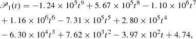 $$ \begin{aligned}&\fancyscript {P}_1(t)=-1.24\times 10^5 t^9+5.67\times 10^5 t^8-1.10\times 10^6 t^7\nonumber \\&+1.16\times 10^6 t^6-7.31\times 10^5 t^5+2.80\times 10^5 t^4\nonumber \\&-6.30\times 10^4 t^3+7.62\times 10^3 t^2-3.97\times 10^2 t+4.74, \end{aligned} $$