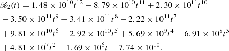 $$ \begin{aligned}&\fancyscript {R}_2(t) = 1.48\times 10^{10} t^{12}-8.79\times 10^{10} t^{11}+2.30\times 10^{11} t^{10}\nonumber \\&-3.50\times 10^{11} t^9+3.41\times 10^{11} t^8-2.22\times 10^{11} t^7\nonumber \\&+9.81\times 10^{10} t^6-2.92\times 10^{10} t^5+5.69\times 10^9 t^4-6.91\times 10^8 t^3\nonumber \\&+4.81\times 10^7 t^2-1.69\times 10^6 t+7.74\times 10^{10}. \end{aligned} $$