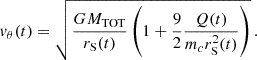 $$ \begin{aligned} v_\theta (t)=\sqrt{\frac{GM_{\rm TOT}}{r_{\rm S}(t)}\left(1+\frac{9}{2}\frac{Q(t)}{m_c r^2_{\rm S}(t)}\right)}\,. \end{aligned} $$