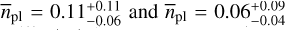 ${\bar n_{{\rm{pl}}}} = 0.11_{ - 0.06}^{ + 0.11}{\rm{and}}{\bar n_{{\rm{pl}}}} = 0.06_{ - 0.04}^{ + 0.09}$