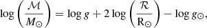 $$ \begin{aligned} \log {\left( \frac{{\mathcal{M} }}{{M}_{\odot }} \right)} = \log {g} + 2 \log {\left( \frac{\mathcal{R} }{\mathrm{R}_{\odot }} \right)} - \log {g_{\odot }} \text{,} \end{aligned} $$