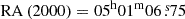 $ \rm{RA}\,(2000)=05^\mathrm{{h}} 01^\mathrm{{m}} 06{{\overset{\text{ s}}{.}}}75 $