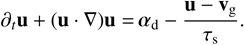 $\partial_{t} \mathbf{u}+(\mathbf{u} \cdot \nabla) \mathbf{u}=\alpha_{\mathrm{d}}-\frac{\mathbf{u}-\mathbf{v}_{\mathrm{g}}}{\tau_{\mathrm{s}}}.$