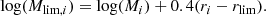 $$ \begin{aligned} \log (M_{\mathrm{lim},i}) = \log (M_i) + 0.4 (r_i - r_{\rm lim}). \end{aligned} $$