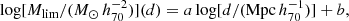 $$ \begin{aligned} \log [M_{\rm lim} / (M_\odot \,h_{70}^{-2})] (d) = a \log [d / (\mathrm{Mpc}\,h_{70}^{-1})] + b, \end{aligned} $$