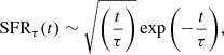 $$ \begin{aligned} \mathrm{SFR}_\tau (t) \sim \sqrt{\left(\frac{t}{\tau }\right)}\exp {\left(-\frac{t}{\tau }\right)}, \end{aligned} $$