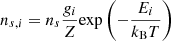 $$ \begin{aligned} n_{s,i}=n_{s}\frac{g_{i}}{Z}\mathrm{exp} \left(-\frac{E_{i}}{k_{\mathrm{B} }T}\right) \end{aligned} $$