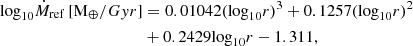 $$ \begin{aligned} \mathrm{log} _{10}\dot{M}_{\rm ref}\,[\mathrm M_{\oplus }/Gyr ]&=0.01042(\mathrm{log} _{10}r)^{3}+0.1257(\mathrm{log} _{10}r)^{2} \nonumber \\&+0.2429\mathrm{log} _{10}r-1.311, \end{aligned} $$