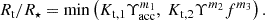 $$ \begin{aligned} R_\mathrm{t} /R_\star = \mathrm{min} \left( K_\mathrm{t,1} \Upsilon _\mathrm{acc} ^{m_\mathrm{1} },~K_\mathrm{t,2} \Upsilon ^{m_\mathrm{2} } f^{m_\mathrm{3} }\right). \end{aligned} $$