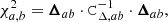 $$ \begin{aligned} \chi ^2_{a,b} = \boldsymbol{\Delta }_{ab} \cdot \mathtt C _{\Delta ,ab} ^{-1} \cdot \boldsymbol{\Delta }_{ab} , \end{aligned} $$