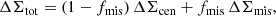 $$ \begin{aligned} \Delta \Sigma _{\rm tot}=(1 - f_{\rm mis}) \, \Delta \Sigma _{\rm cen} + f_{\rm mis} \, \Delta \Sigma _{\rm mis} , \end{aligned} $$
