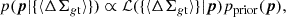 $$ \begin{aligned} p(\boldsymbol{p}| \{{\langle \Delta \Sigma _{g\mathrm{t}}} \rangle \}) \propto \mathcal{L} (\{\langle {\Delta \Sigma _{g\mathrm{t}}} \rangle \} | \boldsymbol{p}) p_{\rm prior}(\boldsymbol{p}) , \end{aligned} $$